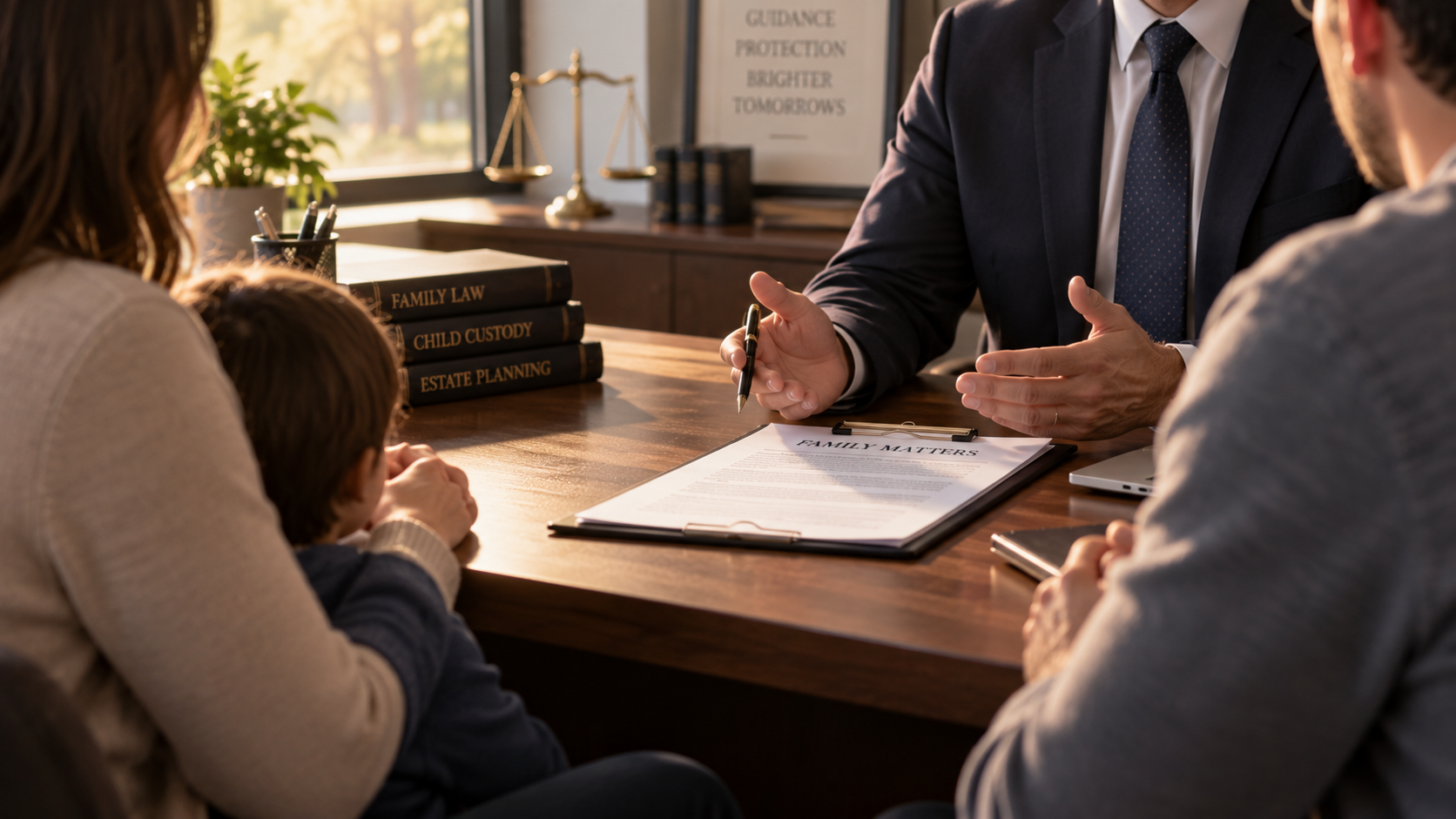 Lawyer's hands across desk with family, documents visible