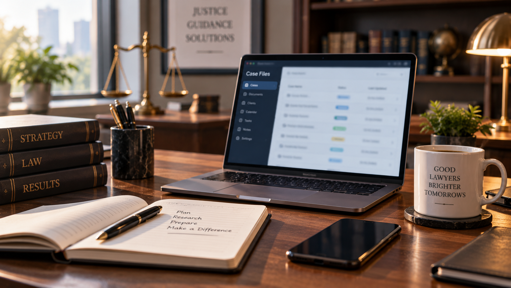 Notebook, phone, and coffee cup on a lawyer's desk with laptop