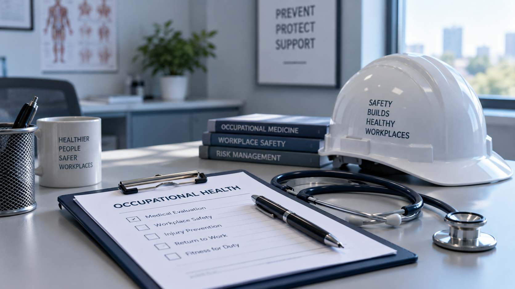 Clipboard, stethoscope, and safety hard hat on a clinic desk